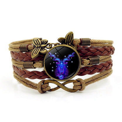 12 Zodiac Sign Woven Leather Bracelet for Birthday Gift