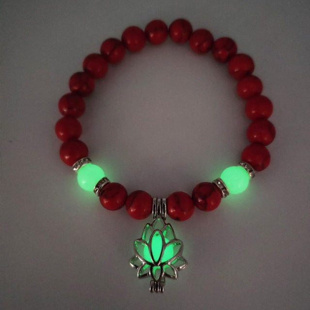 8mm Natural Stone Beads Luminous Lotus Pendant Bracelet