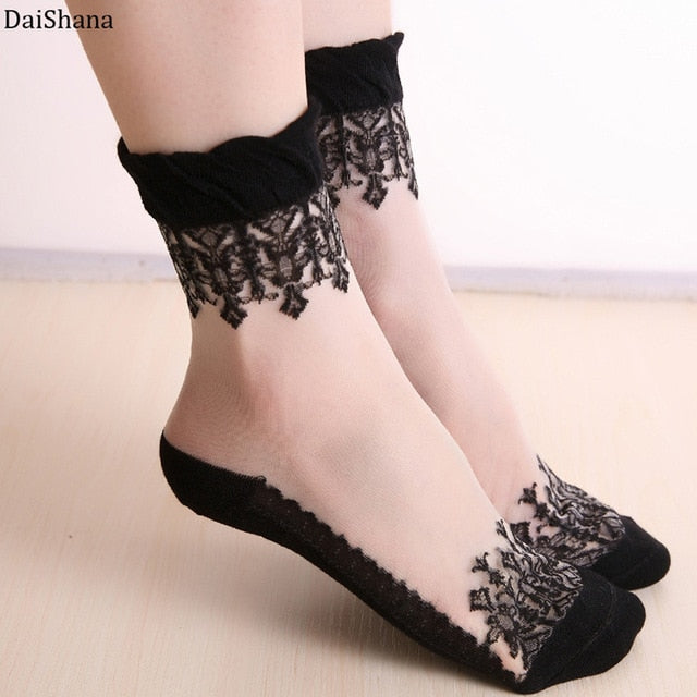 3 Paar Spitzenstickerei Seide Transparent Glass Crystal Stretch Damensocken