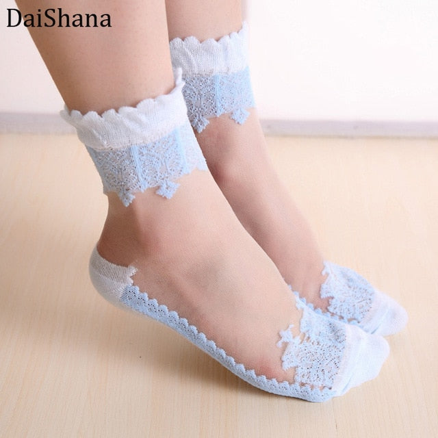 3 Paar Spitzenstickerei Seide Transparent Glass Crystal Stretch Damensocken