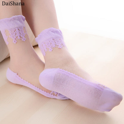 3 Paar Spitzenstickerei Seide Transparent Glass Crystal Stretch Damensocken