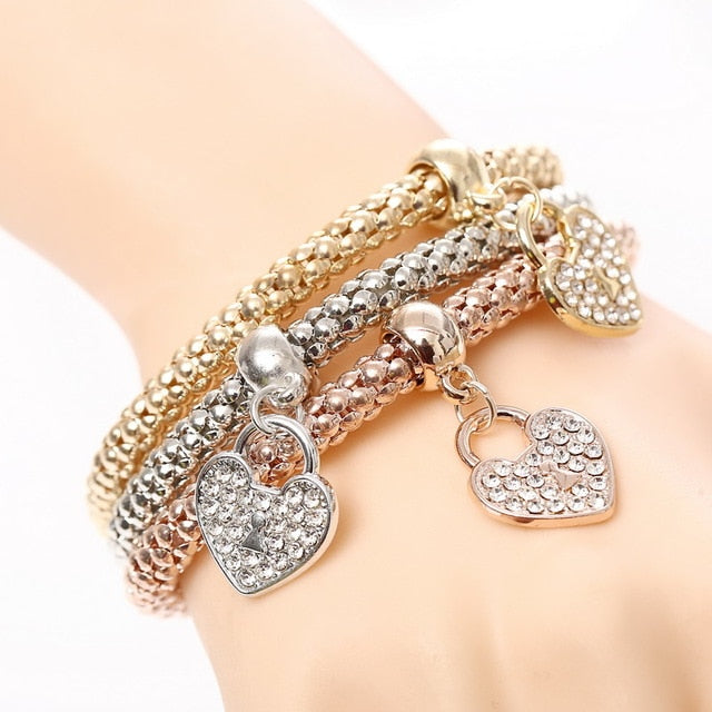 3 Pcs/Set Crystal Owl Heart Charm Bracelets