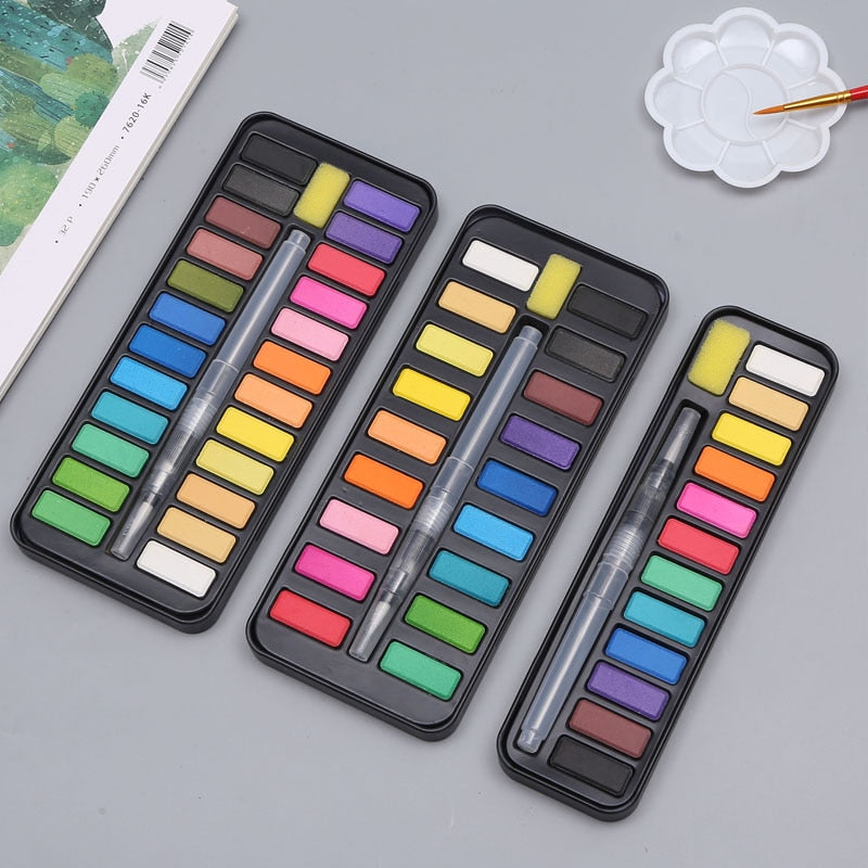 Solid Watercolor Paint Set Portable Water Color Drawing Brush