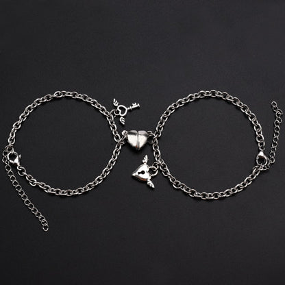 2Pcs/Set Heart Shaped Angel Wing Lock Key Magnetic Bracelet For BFFs Couples