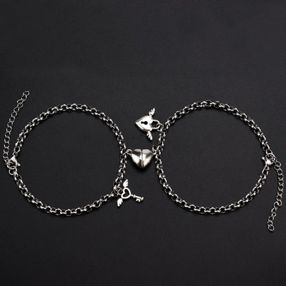 2Pcs/Set Heart Shaped Angel Wing Lock Key Magnetic Bracelet For BFFs Couples