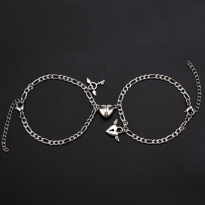 2Pcs/Set Heart Shaped Angel Wing Lock Key Magnetic Bracelet For BFFs Couples