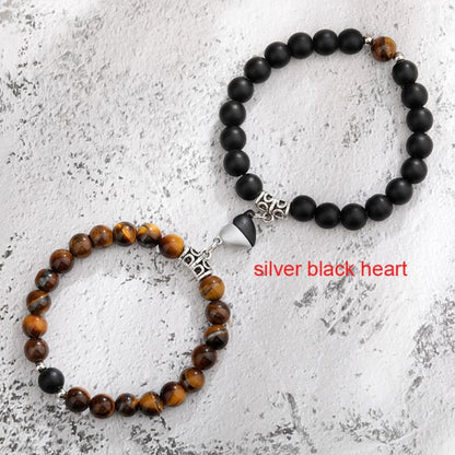 2pcs/set Natural Stone Magnetic Heart  Bead Bracelet For Friendship Couples