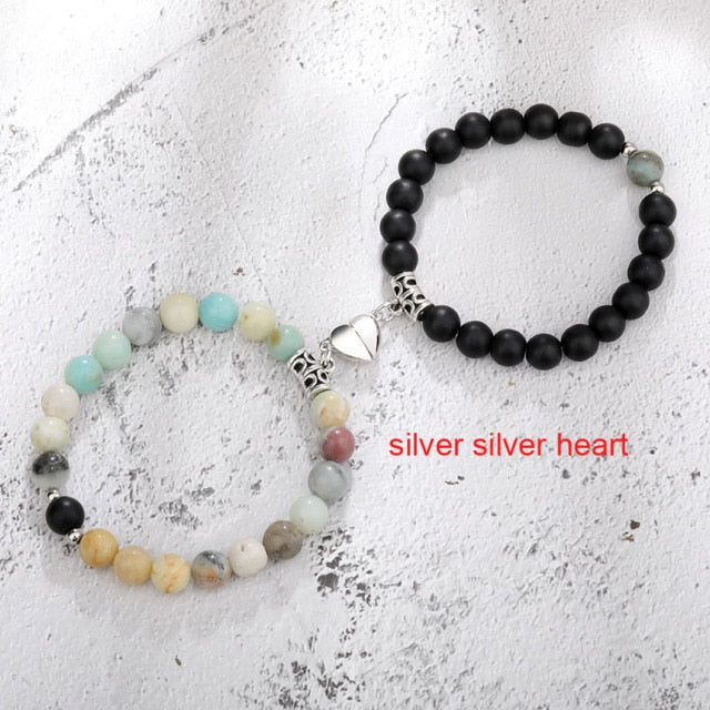 2pcs/set Natural Stone Magnetic Heart  Bead Bracelet For Friendship Couples