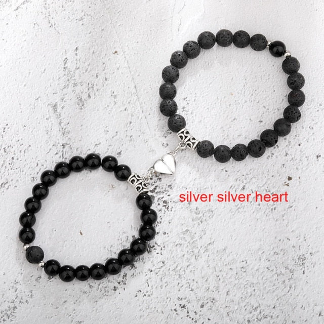 2pcs/set Natural Stone Magnetic Heart  Bead Bracelet For Friendship Couples