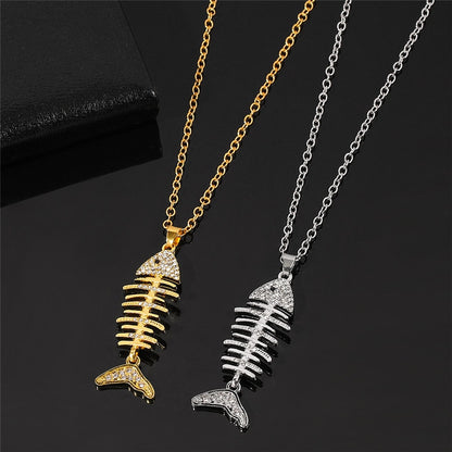 2pcs/set Fish Bone With Crystal Pendant Necklaces